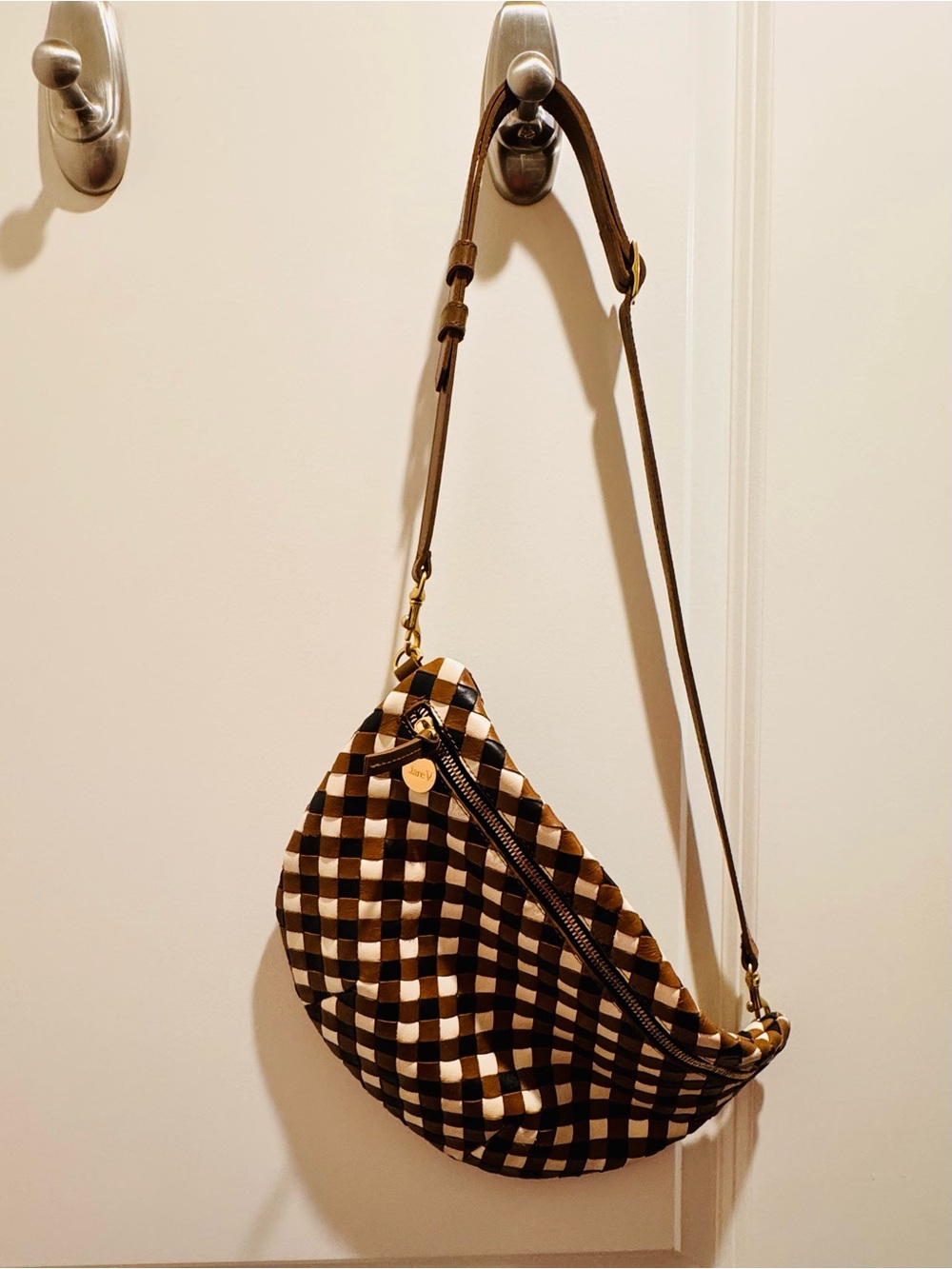 Clare V Grande Fanny- Brown, Black & Cream Checkered Crossbody Bag